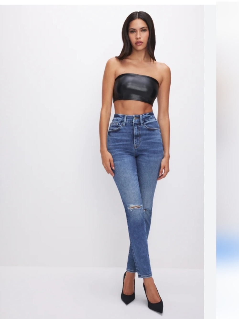 Good American High-Rise Slim Straight Blue Jeans with Knee Rip